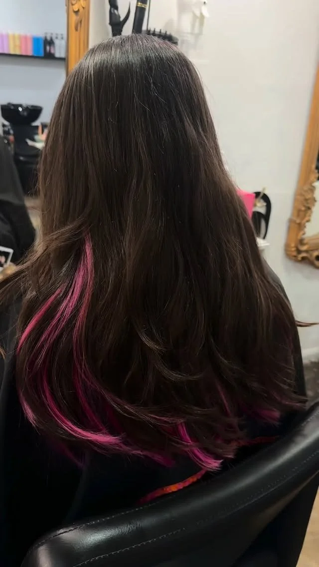 Brunette hair with vivid pink peekaboo color by PaperDoll